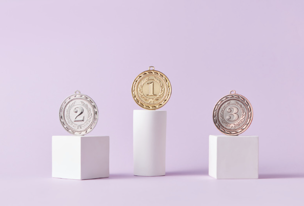 An image of a first, second, and third place medals on 